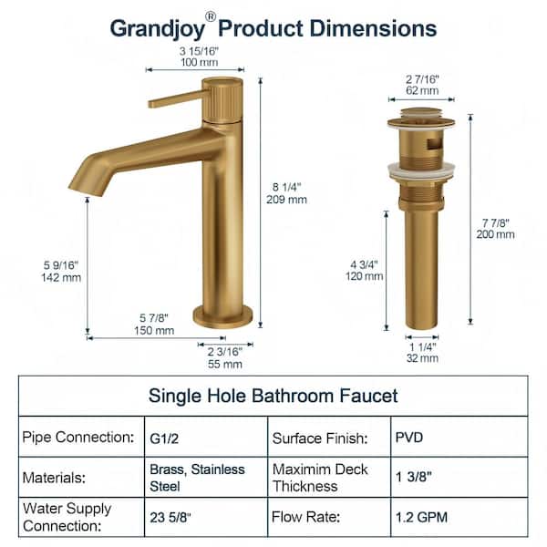 GRANDJOY 8.25 in. H Single Hole 1-Handle Brass Bathroom Sink