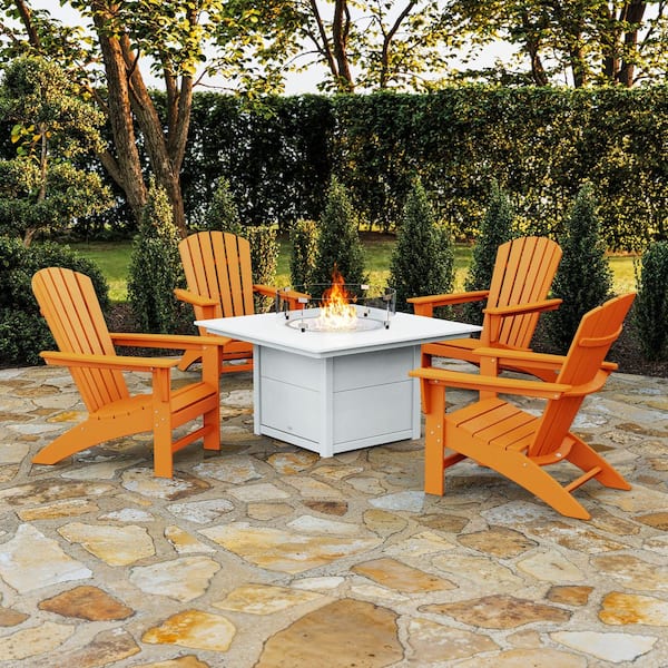 POLYWOOD Grant Park Tangerine 5-Piece Plastic Patio Adirondack Patio Conversation Set with Patio Fire Pit Table