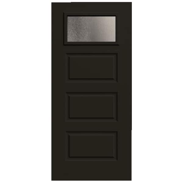 JELD-WEN 36 in. x 80 in. 3-Panel Right-Hand/Inswing 1/4-Lite Chinchilla Decorative Glass Black Steel Front Door Slab