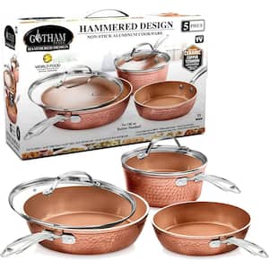Hammered Copper 5-Piece Aluminum Non-Stick Cookware Set with Glass Lids