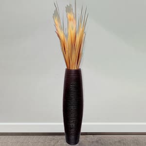 Brown Decorative Contemporary Mango Wood Ribbed Design Round Floor Vase 30 in.