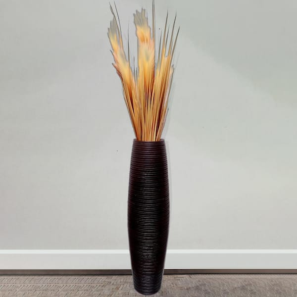 Uniquewise Brown Decorative Contemporary Mango Wood Ribbed Design Round Floor Vase 30 in.