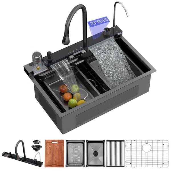 30 in. Drop-In Gunmetal Black Single Bowl 16 Gauge Stainless Steel Workstation Kitchen Sink with Faucet Combo Set