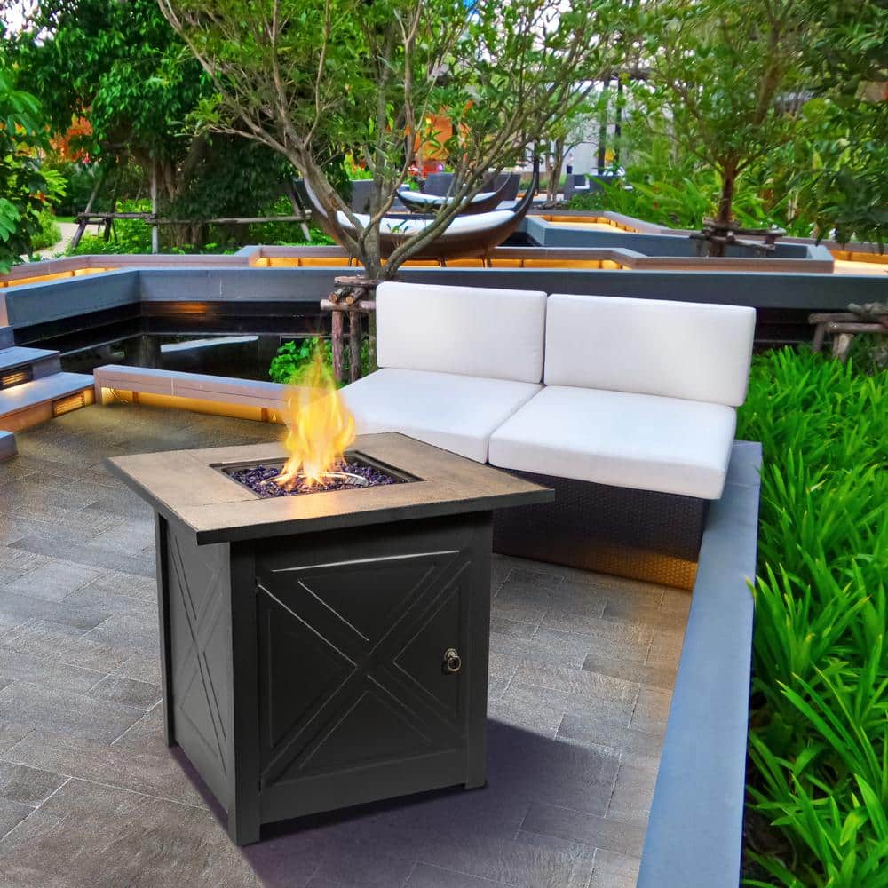 Black Steel Square Propane Fire Pit Table with Ceramic Top