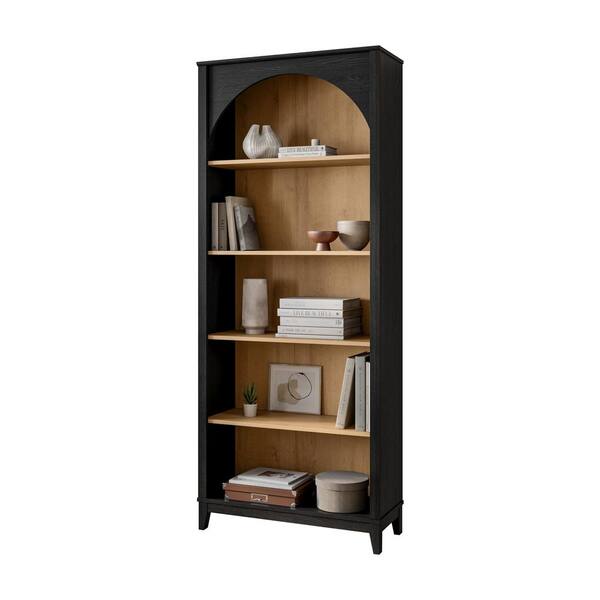 Prepac Ark 78 in. Tall Black Oak and Natural Oak Engineered Wood 5-Shelf Arched Bookcase with Storage for Home Living Room - Thumbnail 2