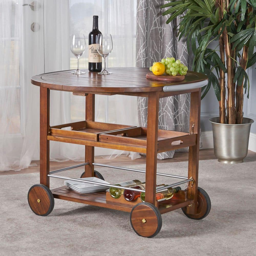 Oak Rigger Cart Oak Finish Acacia Wood Rolling Patio Serving Cart, Bar Cart Table with ...