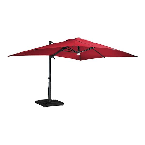 10ft. x 13ft. Aluminum Cantilever Outdoor Patio Umbrella w/Bluetooth Atmosphere Light 360-Degree Rotation in Red w/Base