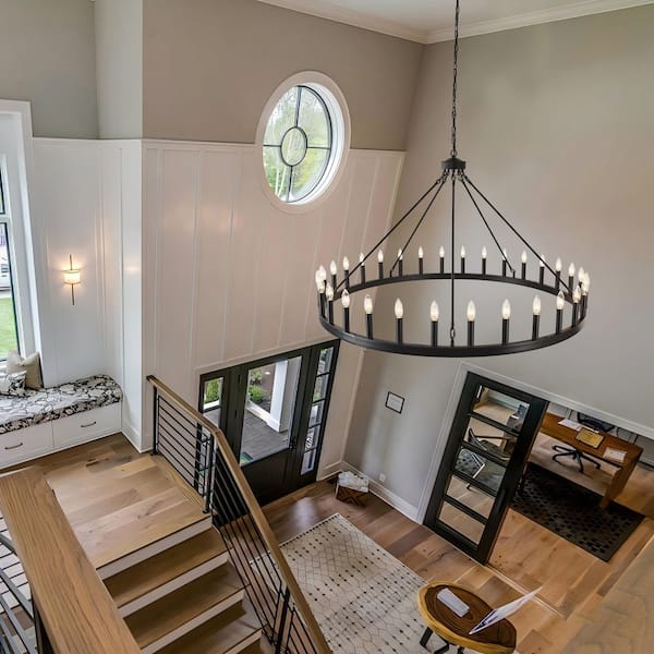 Newest 53 Farmhouse 30-Light Wagon Wheel Chandelier, Black Iron for Large Dining Room & High Ceilings Newest 53 Farmhouse 30-Light Wagon Wheel Chandelier, Black Iron for Large Dining Room & High Ceilings
