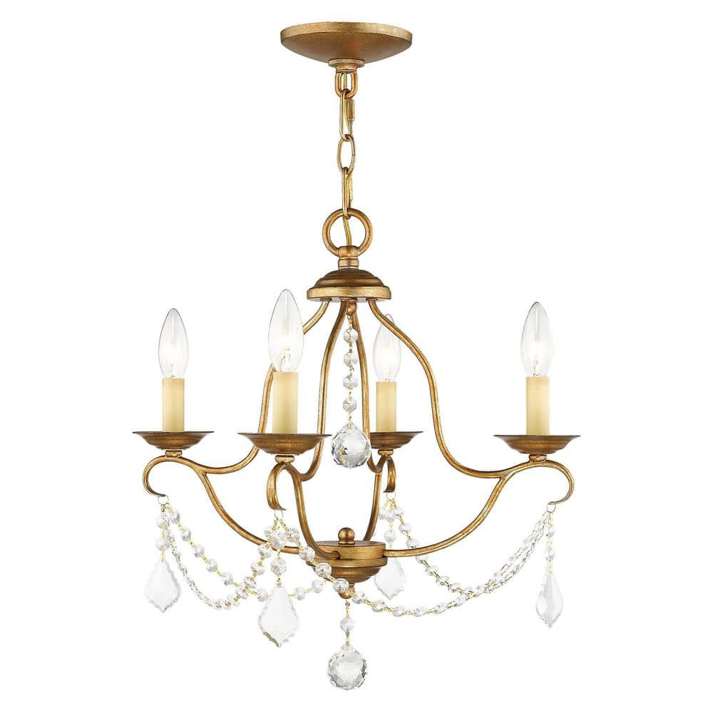 Antique Gold Leaf Brass Mini 4-Light Chandelier with Crystal Accents