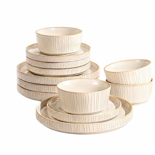 12-Piece Ribbed Reactive Glaze Cappuccino White Ceramic Stoneware Dinnerware Set Service for 4