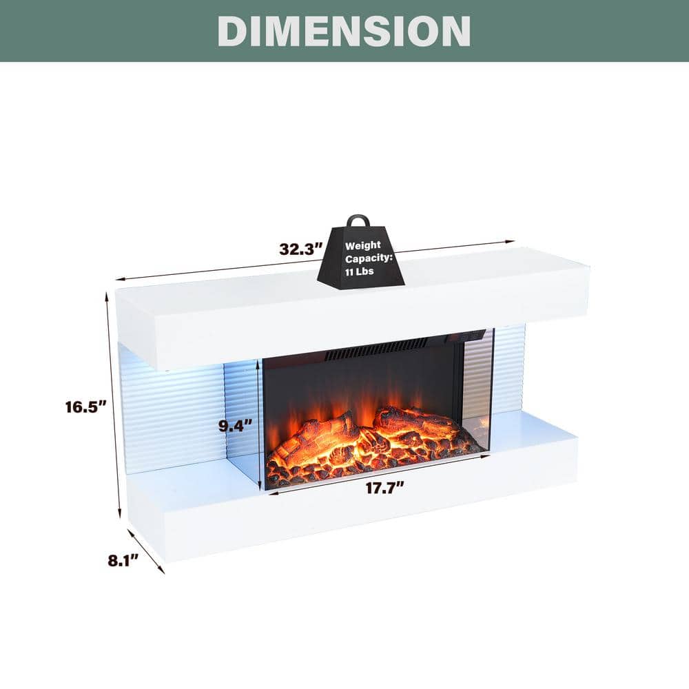 32" White Metal Wall Mounted Electric Fireplace with Remote Control