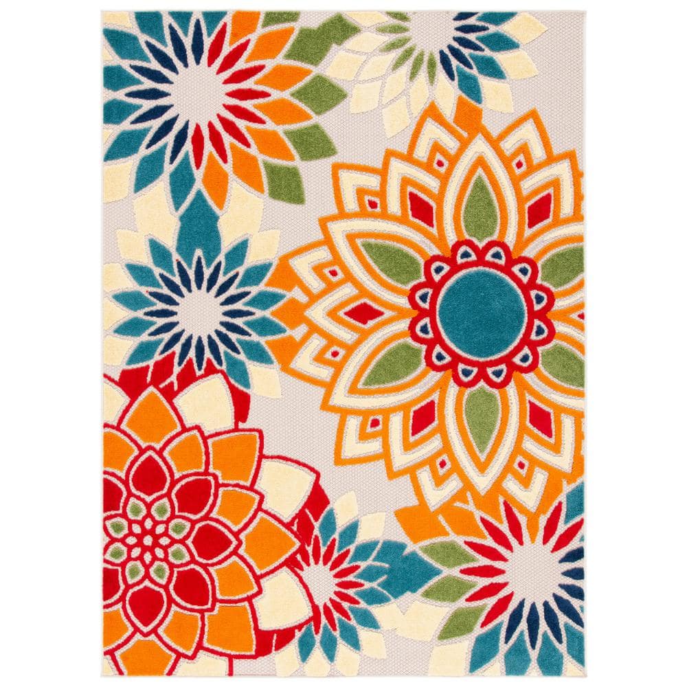 Ivory and Orange Floral Synthetic 8' x 10' Reversible Rug