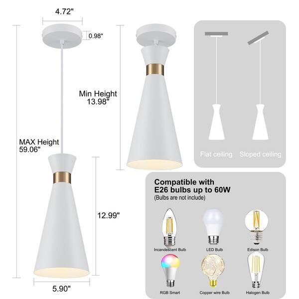 TinHon Modern White Cone Pendant Light with Gold Accent