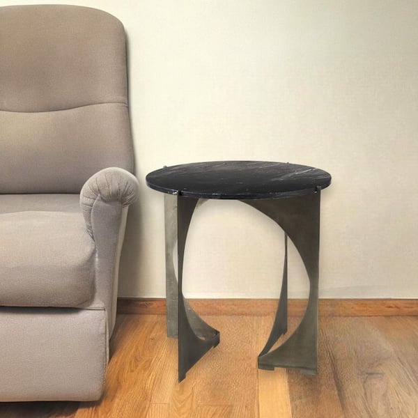 HomeRoots 13 in. Black Round Marble End Table