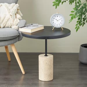 20 in. Black Geometric Large Round Wood End Table with Ivory Marble Base