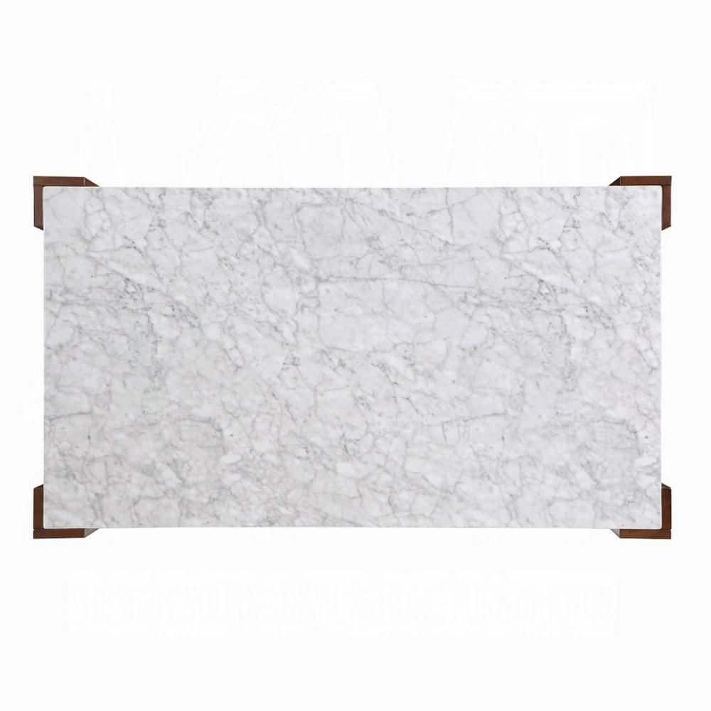 Top-down view of a rectangular white marble dining table.
