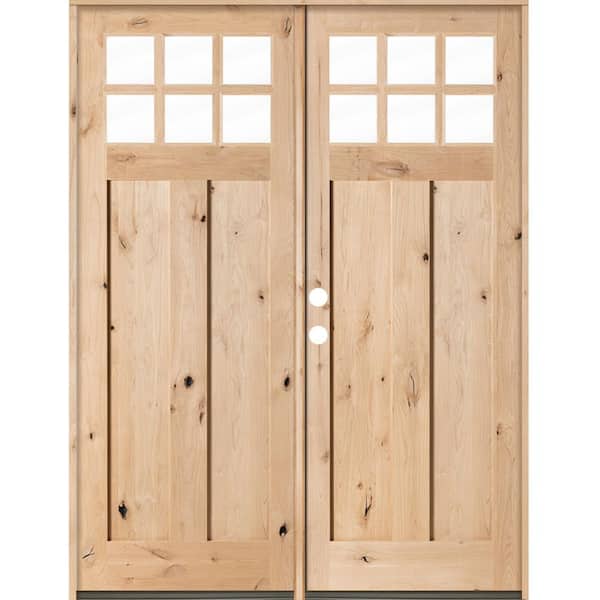 72 in. x 96 in. Craftsman Knotty Alder Right-Hand/Inswing Double 6-Lite Clear Glass Unfinished Wood Prehung Front Door