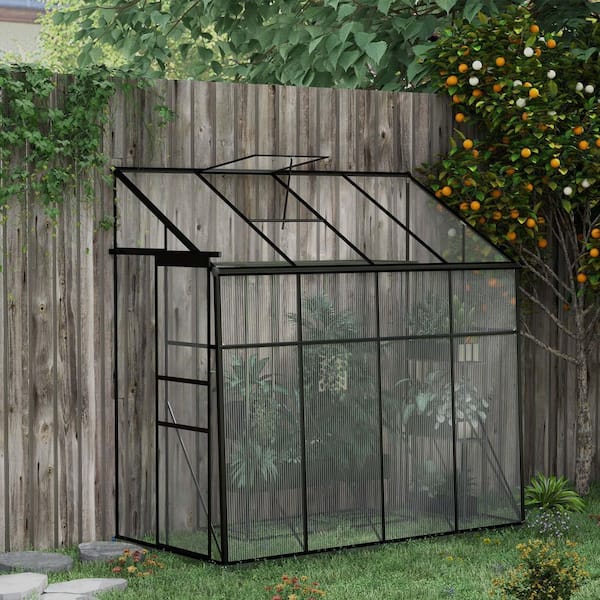 99.5 in. W x 50 in. D Aluminum Lean-to Greenhouse Polycarbonate Walk-in Garden Greenhouse with Vent, Foundation, Black