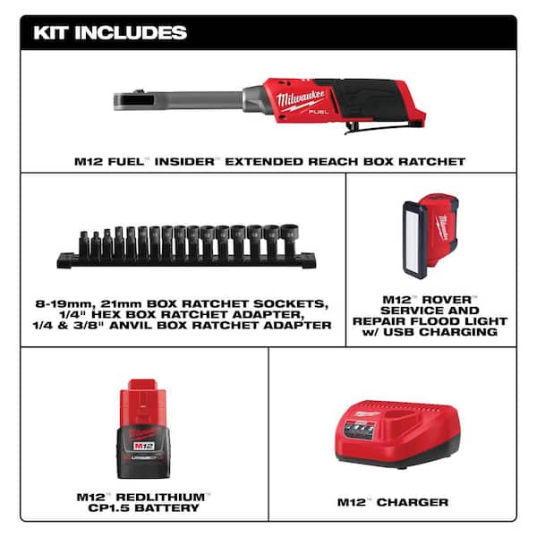 M12 FUEL INSIDER 12V Lithium-Ion Brushless 1/4-3/8 in. Extended Reach Box Cordless Ratchet Kit w/ Battery & ROVER Light