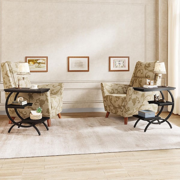 BYBLIGHT Kerlin 11.8 in. Black Wood and Metal C-Shaped End Table Set of 2, 3-Tier Side Table with Shelves for Living Room