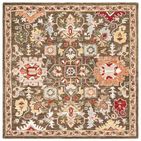 Heritage 6 ft. x 6 ft. Brown/Green Border Floral Square Area Rug