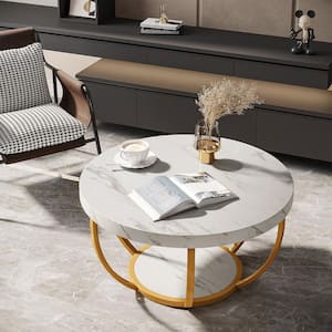 Cans 31.5 in. White Gold Round Wood Coffee Table with Shelf, Modern Faux Marble Center Table for Living Room