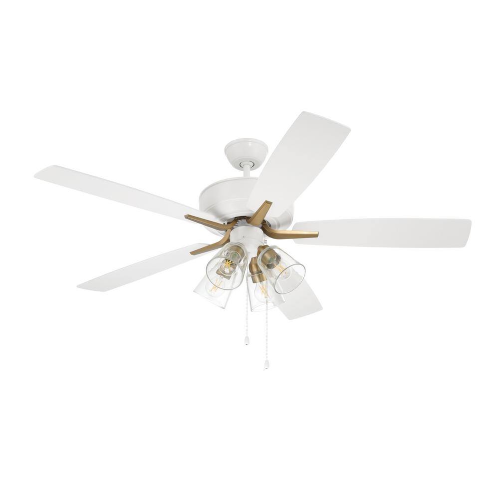 White Satin Brass 52" Ceiling Fan with Clear Glass Light