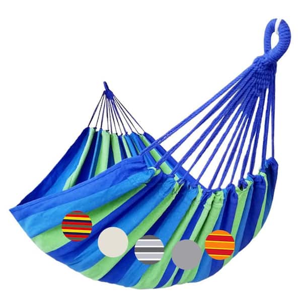 Misopily 10.5 ft. High Quality Cotton Yarn Extra Large Portable Hammock in Blue/Green Stripe For 2 Persons with Bag and 2 Ropes