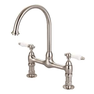 Harding Two Handle Bridge Kitchen Faucet with Porcelain Lever Handles in Brushed Nickel