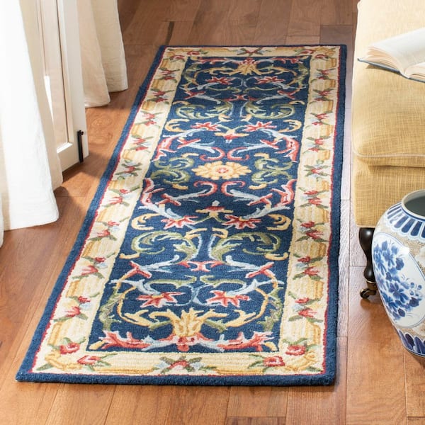 Heritage 2 ft. x 12 ft. Navy/Ivory Floral Border Runner Rug