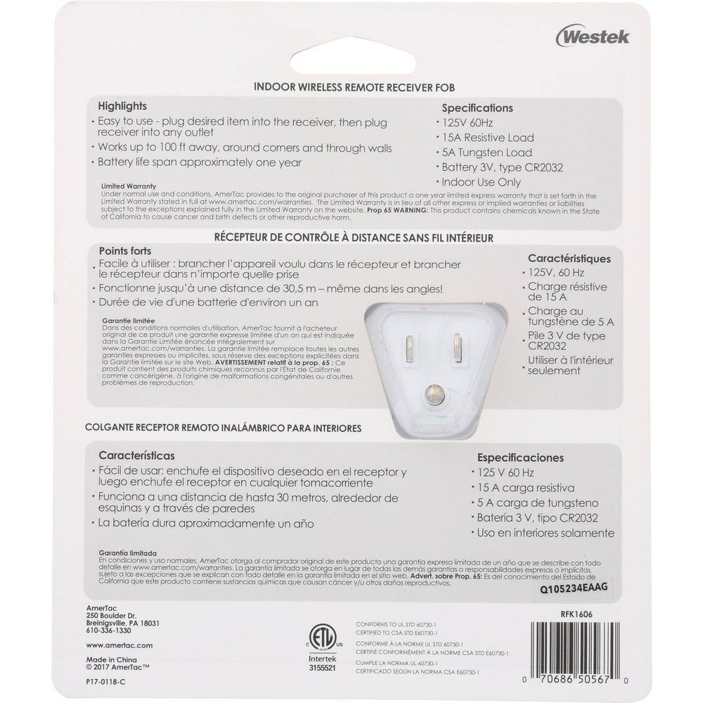 White Indoor Wireless Remote Control System with Single Grounded Outlet