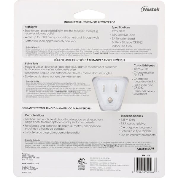 Westek RFK1600LC Indoor Wireless Switch, Single Outlet, White, 1
