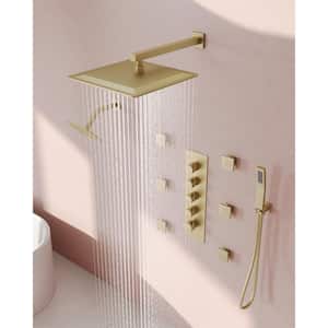SerenityFlow Shower System 15-Spray 16 and 6 in. Dual Wall Mount Fixed and Handheld Shower Head 2.5 GPM in Brushed Gold