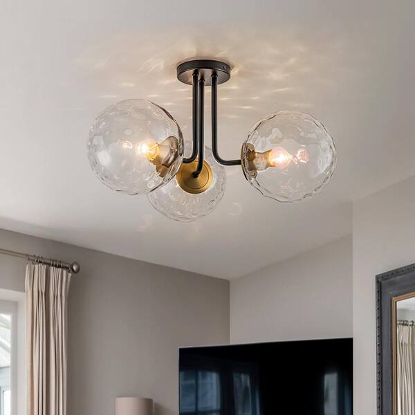 LLHZSY Dvorakova 20.1 in. 3-Light Black and Gold Modern Sputnik Semi-Flush Mount Ceiling Light with Textured Globe Glass Shades