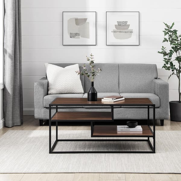 Walker Edison Furniture Company Modern 40 in. Dark Walnut/Black Rectangle Wood and Metal Coffee Table with 2-Shelves