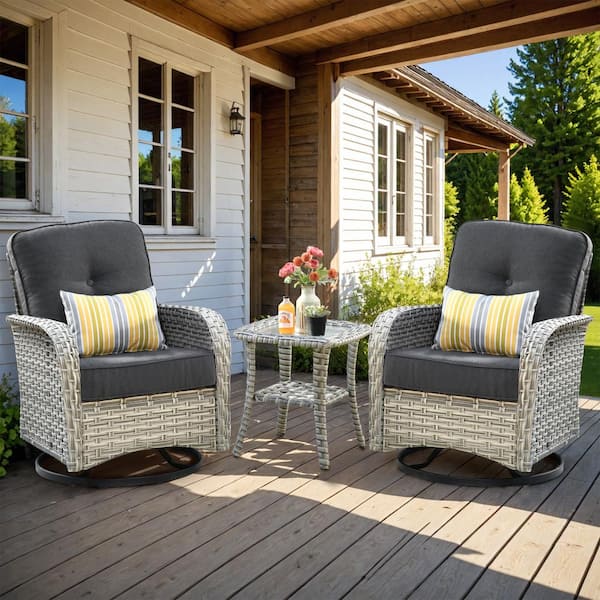 HOOOWOOO Clara 3-Piece Wicker Outdoor Patio Conversation Swivel Chair Set with a Side Table and Black Cushions