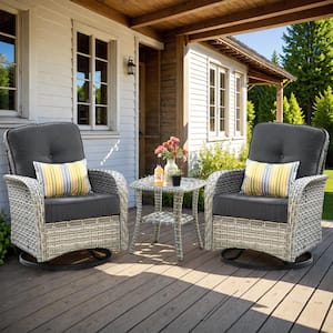 Clara 3-Piece Wicker Outdoor Patio Conversation Swivel Chair Set with a Side Table and Black Cushions