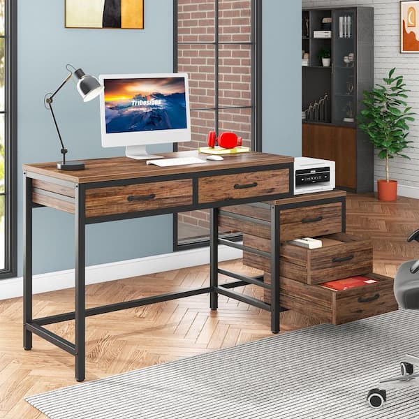 BYBLIGHT Moronia 51 in. Retangular Brown Black Computer Desk 5-Storage Drawers Home Office Study Writing Table Reversible Cabinet