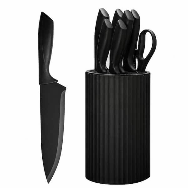 8-Piece Stainless Steel Kitchen Knife Set with Universal Block, Black, Dishwasher Safe