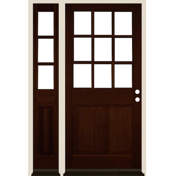 Krosswood Doors 50 in. x 80 in. Farmhouse 9-Lite Clear Glass Left-Hand Red Mahogany Stain Hemlock Wood Prehung Front Door w/ LSL