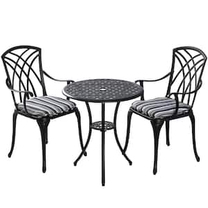 Ekta 3-Piece Cast Aluminum Round Outdoor Dining Patio Bistro Table Set with Coastal Cushions in Black