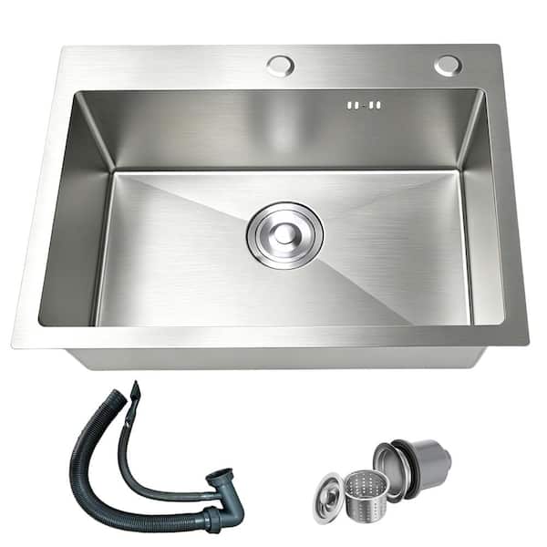 24 in. x 18 in. Drop-In Single Bowl 16-Gauge Brushed Stainless Steel Workstation Kitchen Sink for Modern Kitchens