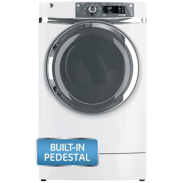 GE 8.3 cu. ft. Right Height Front Load Electric Dryer with Steam in White, Pedestal Included