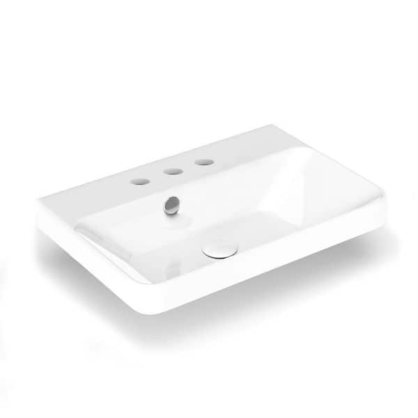 WS Bath Collections Luxury 55 WG Wall Mount/Drop-In Bathroom Sink in Glossy White with 3 Faucet Holes