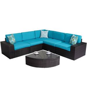 4-Piece Black Wicker Patio Conversation Set with Blue Cushions