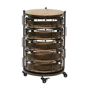 28 in. Brown Rolling Circular 6 Shelf Kitchen Storage Cart with Adjustable Shelves