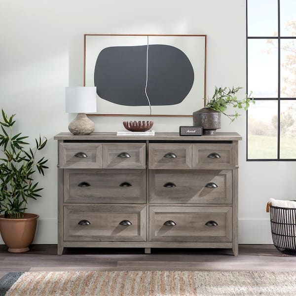 Farmhouse Grey Wash 6-Drawer 52 in. W Dresser with Faux Double Drawers