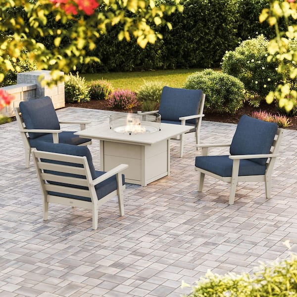 POLYWOOD Grant Park 5-Piece Plastic Patio Deep Seating Conversation Set with Fire Pit Table with Stone Blue Cushions