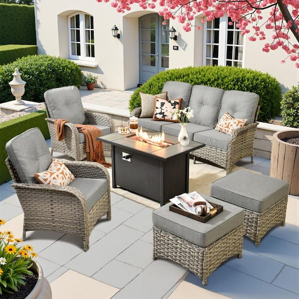 Eliza 6-Piece Outdoor Wicker Conversation Sofa Seating Set for Garden with Ottoman,Dark Gray Cushions and Metal Fire Pit