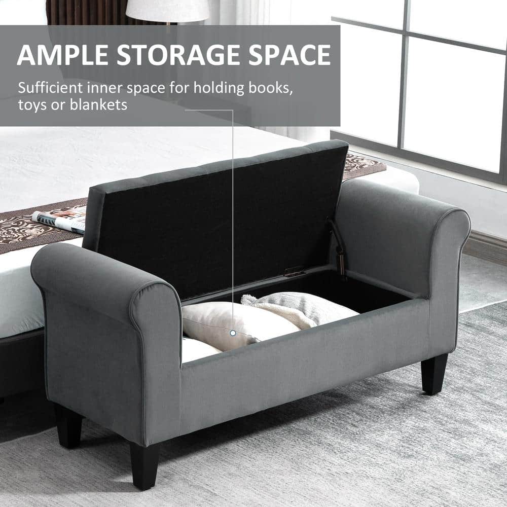 Gray Velvet Tufted Storage Ottoman Footstool with Rolled Armrests